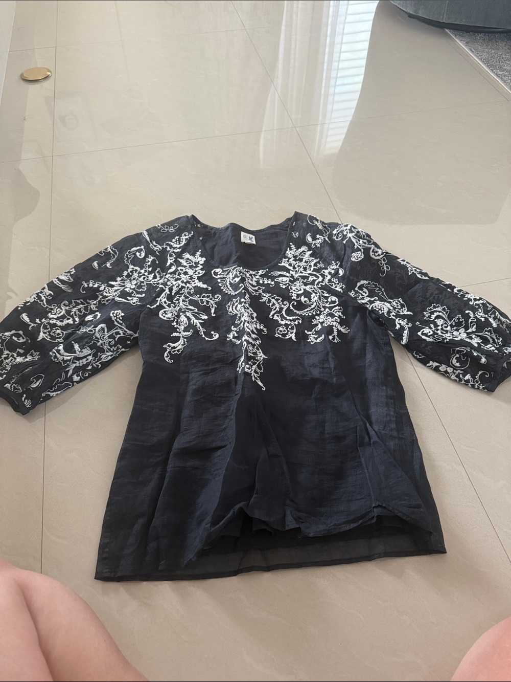 ****Black  Embroidered Women's Peasant Blouse